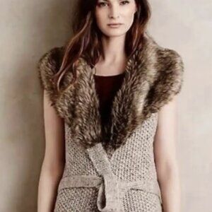 Anthropologie Brown & Beige Wool Knit Faux Fur Lined Belted Vest